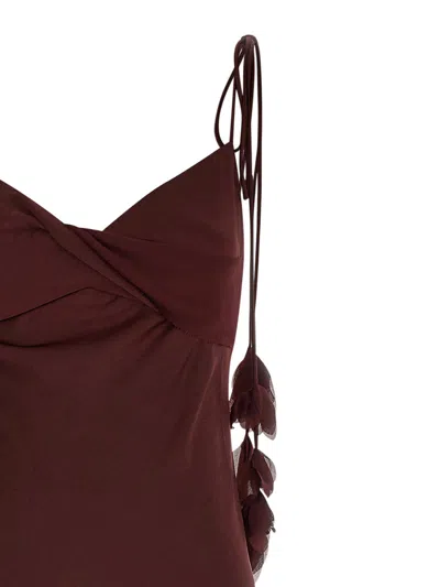 Self-portrait Bordeaux Long Dress With Knotted Shoulder Straps And Floral Details In Fabric Woman In Brown