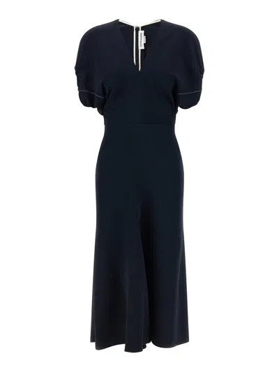 Victoria Beckham Womens Black Blouson-sleeve Fluid-cady Midi Dress In Blue