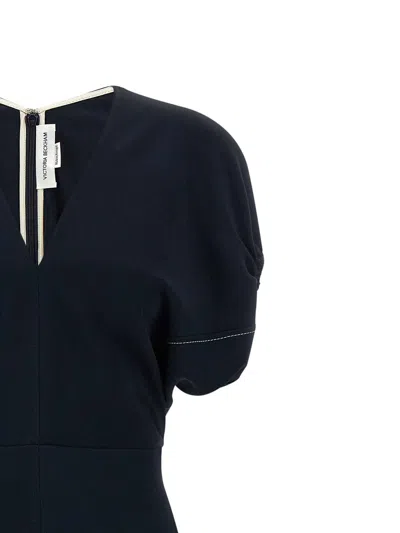 Victoria Beckham Womens Black Blouson-sleeve Fluid-cady Midi Dress In Blue