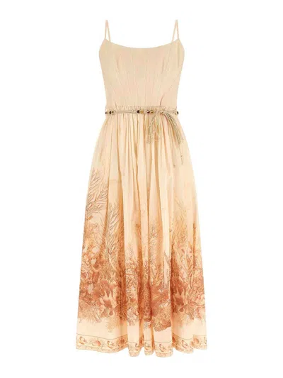 Zimmermann Wanderlust Corset Midi Dress In Coral Toile In Brown