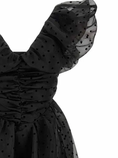 Ganni Ruched Flocked Polka-dot Recycled Organza Midi Dress In Black