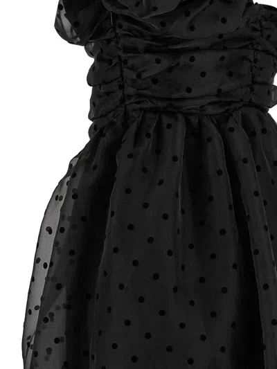 Ganni Ruched Flocked Polka-dot Recycled Organza Midi Dress In Black