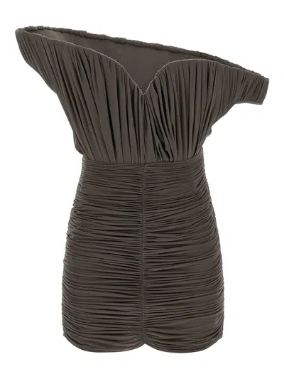 Magda Butrym Sculptural One-shoulder Mini Dress With Rose Petal Detail In Brown