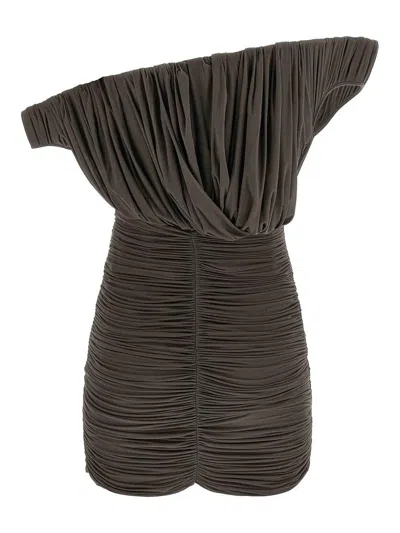 Magda Butrym Sculptural One-shoulder Mini Dress With Rose Petal Detail In Brown