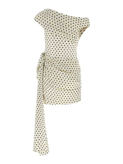 Self-portrait Tie-side Asymmetric Polka-dot Satin-crepe Mini Dress In Neutral