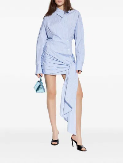 Attico Knotted Striped Cotton-poplin Mini Dress In Blue