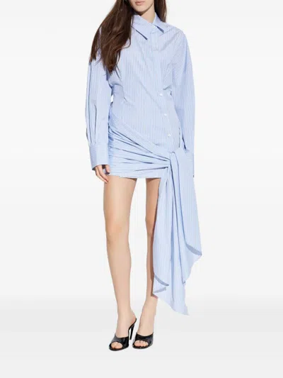 Attico Knotted Striped Cotton-poplin Mini Dress In Blue