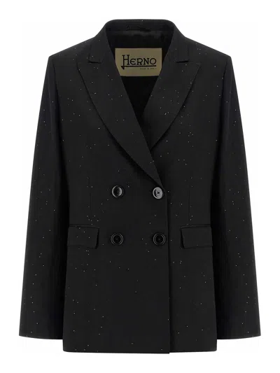 Herno Micro Sequin Double-breasted Blazer In Black