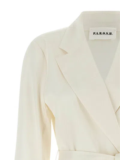 P.a.r.o.s.h White Double-breasted Jacket With Notched Revers And Front Belt Closure In Tech Fabric Woman In Neutral