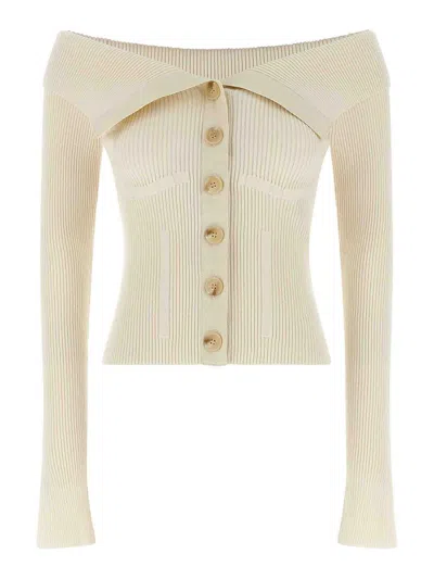 Zimmermann Off-the-shoulder Cotton-trimmed Ribbed-knit Cardigan In Neutral