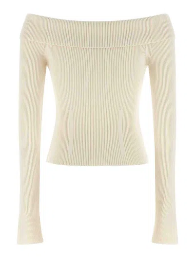 Zimmermann Off-the-shoulder Cotton-trimmed Ribbed-knit Cardigan In Neutral