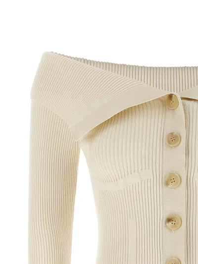 Zimmermann Off-the-shoulder Cotton-trimmed Ribbed-knit Cardigan In Neutral