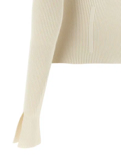 Zimmermann Off-the-shoulder Cotton-trimmed Ribbed-knit Cardigan In Neutral