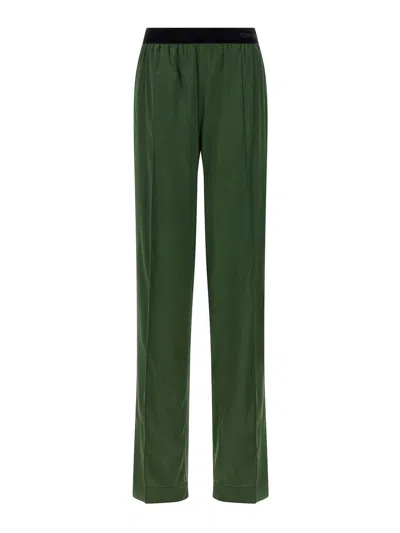 Tom Ford Green Pants With Elastic Waist With Logo Lettering In Silk Stretch Woman In Green