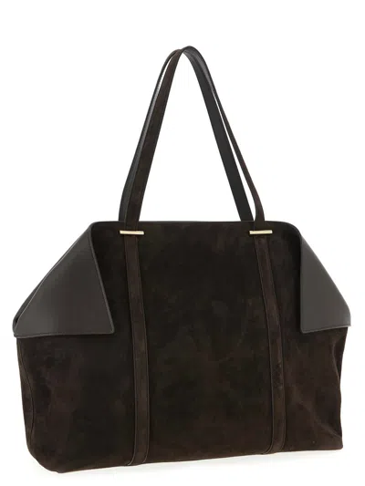 Ferragamo Women Brown Tote Bag With Folded Angles And Embossed Logo Lettering On The Front In Suede In Brown