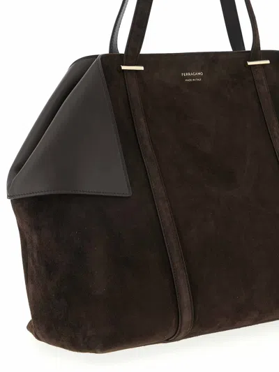 Ferragamo Women Brown Tote Bag With Folded Angles And Embossed Logo Lettering On The Front In Suede In Brown