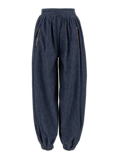 Valentino Garavani Balloon Fit Chambray Cotton Denim Pants In Blue