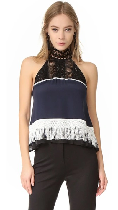Jonathan Simkhai Fringed Guipure Lace And Chiffon-trimmed Silk-crepe Top In Navy Black
