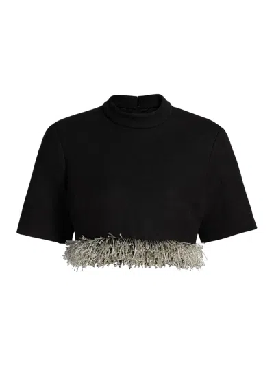 Simkhai Jalen Beaded Short-sleeve Crop Top In Black