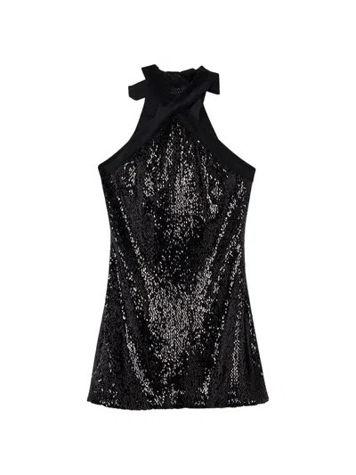 Simkhai Isla Velvet-trimmed Sequined Jersey Halterneck Mini Dress In Black