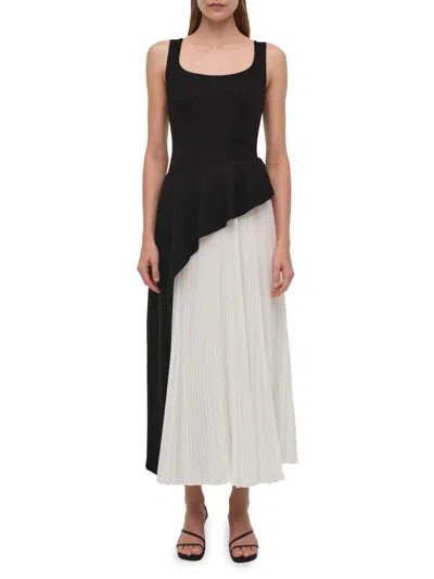Simkhai Zayla Black And White Dress With Pleated Skirt And Squared Neckline In Tech Fabric Woman