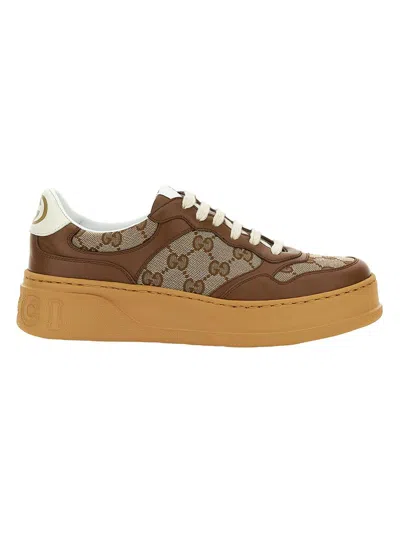Gucci Textured Leather Sneakers With Branded Chunky Outsole In Brown