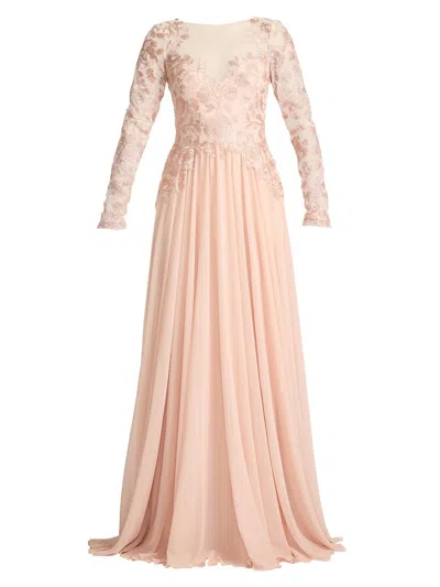 Tadashi Shoji Illusion Lace Embroidered Sleeve Gown In White