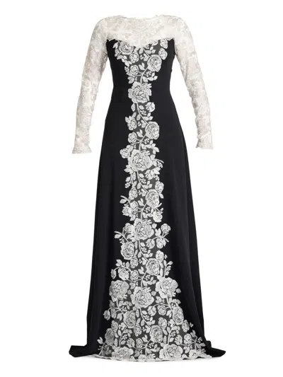 Tadashi Shoji Lace Detail Long Sleeve Crepe Gown In Black