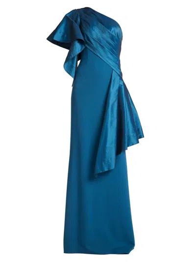 Tadashi Shoji Draped One-shoulder Taffeta Crepe Gown In Blue