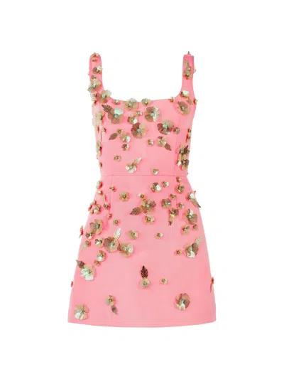 Carolina Herrera Crystal Flower Applique Sleeveless Mini Dress In Pink