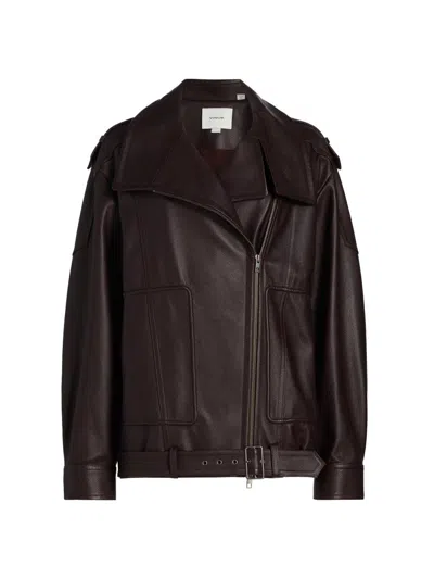 Vince Leather Oversized Biker Jacket Dk Fig In Brown