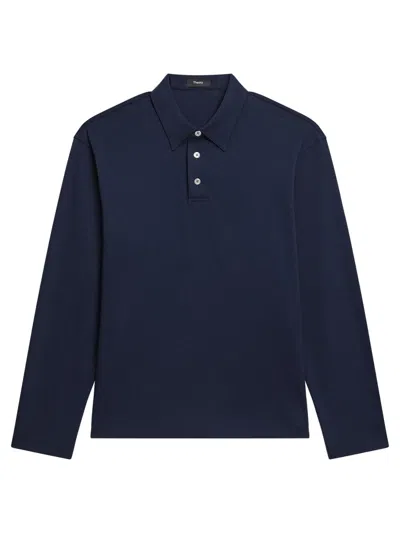 Theory Relaxed Long-sleeve Polo Shirt In Cotton Jersey In Blue