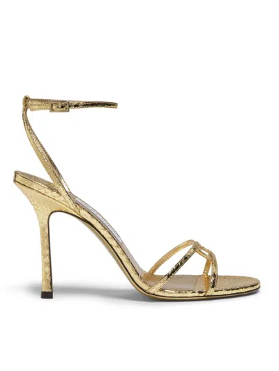 Jimmy Choo Snake-embossed 1998 Leo Metallic Leather Ankle-strap Sandals In Gold