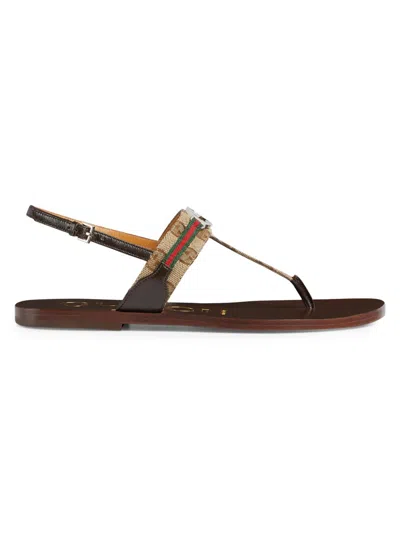 Gucci New Kika Thong Gg Beige Calf Leather Sandals In Multi