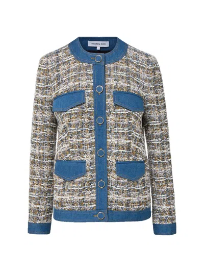 Veronica Beard Ainslie Denim-trimmed Cotton-blend Tweed Jacket In Blue