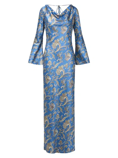 Veronica Beard Ember Long Sleeve Paisley Silk Blend Maxi Dress In Blue