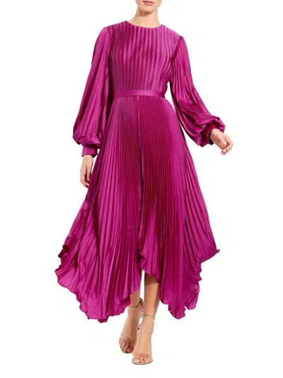Mac Duggal Pleated Long Sleeve Handkerchief Hem Midi Cocktail Dress In Fuchsia