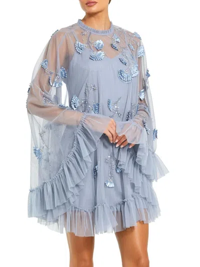 Mac Duggal Embellished Mesh A-line Dress With Flared Long Sleeves In Blue