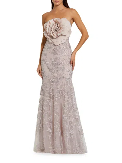 Mac Duggal Strapless Beaded Applique Mermaid Gown With Flower In Neutral