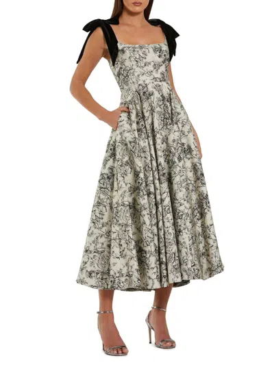 Mac Duggal Brocade A Line Midi Dress With Bow Straps In Gray