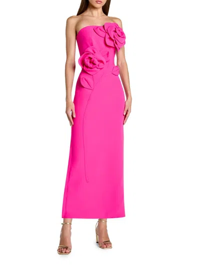 Mac Duggal Crepe Strapless Midi Dress With 3d Flower Detail In Pink