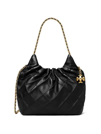 Tory Burch Fleming Black Shoulder Bag With Chain-link Shoulder Strap And Double T Motif In Grained Leather Woma In Black