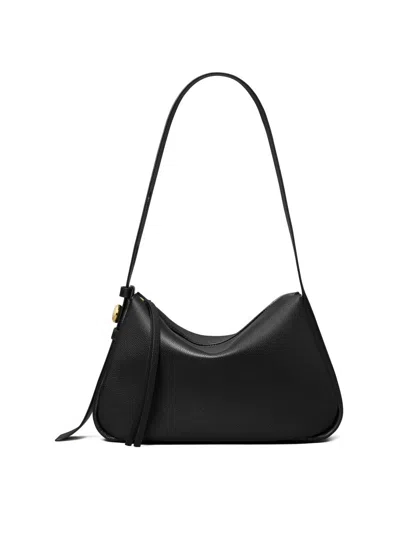 Tory Burch Romy Black Shoulder Bag With Adjustable Shoulder Strap In Grained Leather Woman