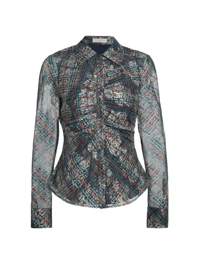 Ramy Brook Hamilton Ruched Mixed Plaid Button-up Shirt In Gray