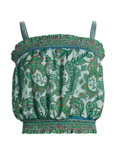 Ramy Brook Miley Smocked Sleeveless Crop Top In Palm Patchwork In Multi