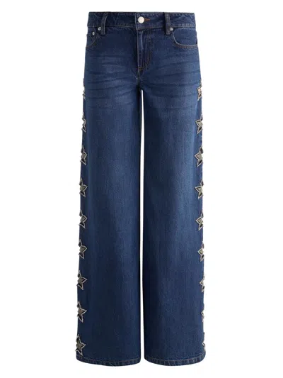 Alice And Olivia Amazing Low Rise Wide Leg Snap Trim Jeans In Cambria Vintage In Blue