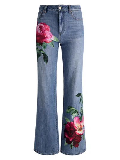 Alice And Olivia Chic High Rise Full Length Rose Print Jeans In Denver Bright Blue