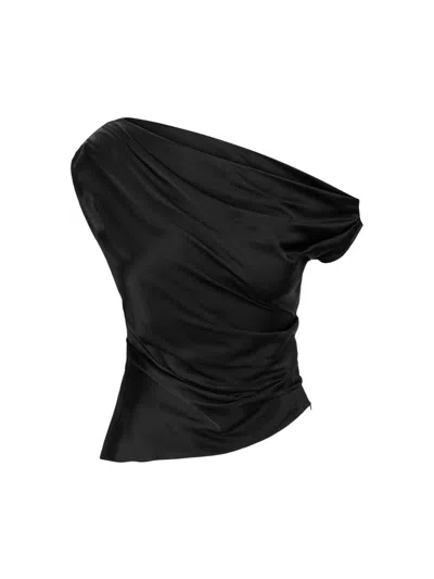 Staud Phare One-shoulder Draped Silk-blend Satin Top In Blue
