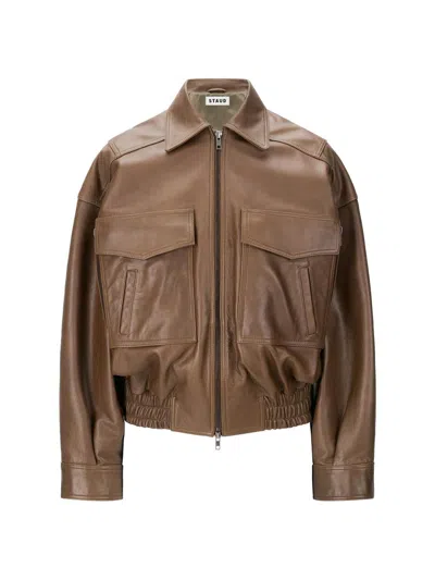 Staud Eugene Leather Bomber Jacket In Brown