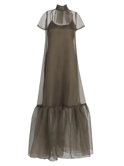 Staud Calluna Thyme Sheer Organza Maxi Dress In Brown